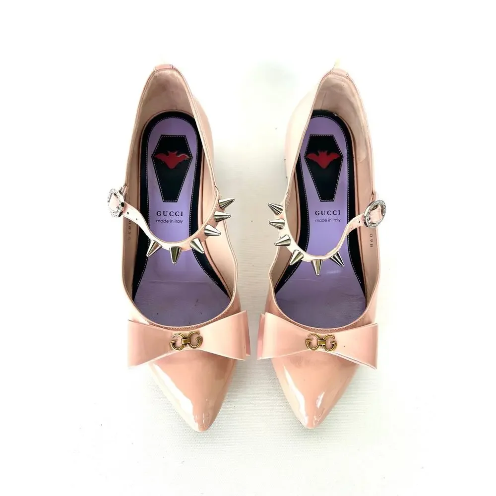 Gucci Vernice Crystal Bow Spike Ballerina Ballet Flats Perfect Pink 36 Sadie 6